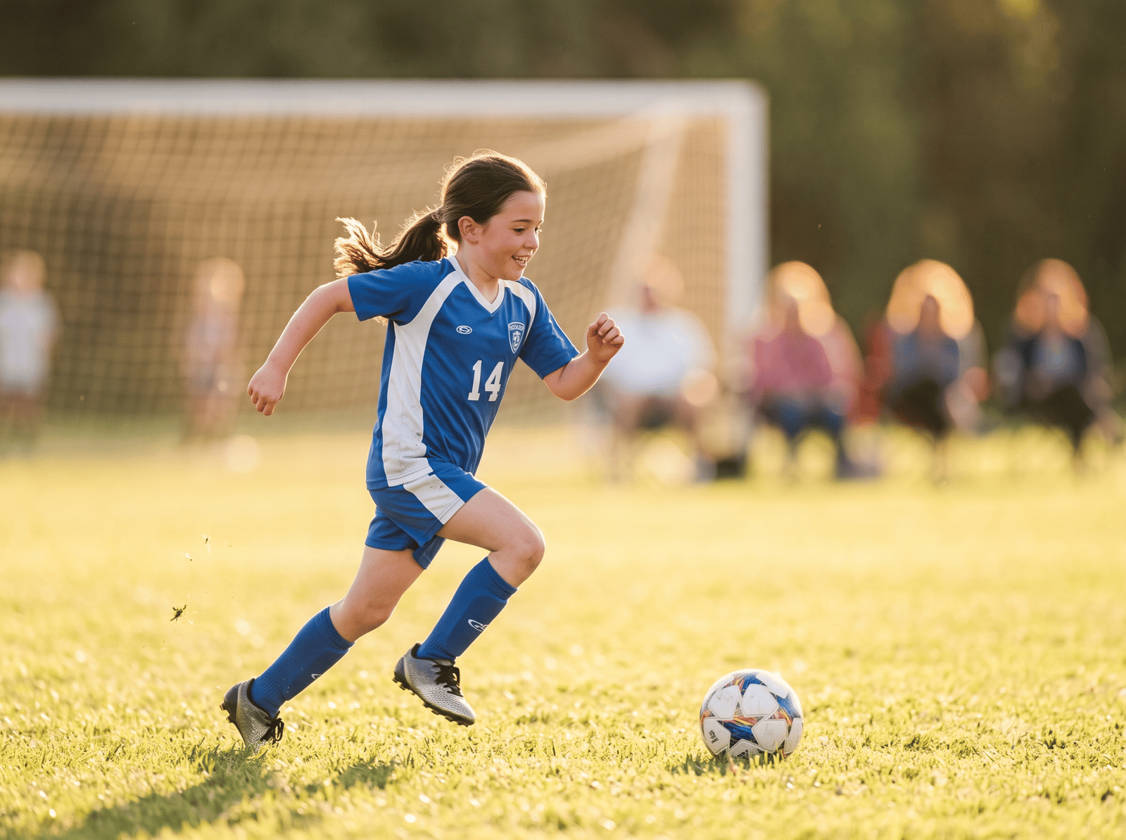 A young soccer player dribbling downfield at golden hour with parents watching from the sideline